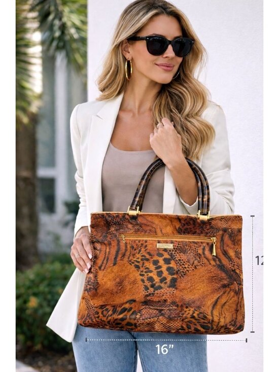Plinio Visona Handbags - Plinio Visona Animal Print Tote Tortoiseshell Handles Leather Italy 16" XL Bag